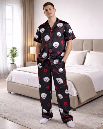All-over Print Men's Satin Short-Sleeve Pajamas Set with Long Pants