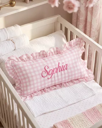 Embroidered Linen Pillow With Ruffles