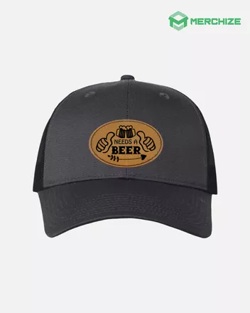 Engraved Leather Patch Mesh-Back Twill Trucker Cap VC400 (Made in US)