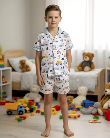 All-over Print Kid and Youth Satin Short-Sleeve Pajamas Set (No Pocket)