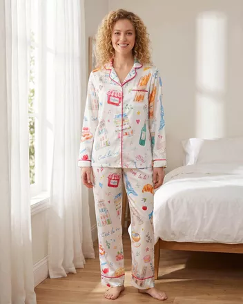 All-over Print Satin Pajamas Set (Loose Pants)