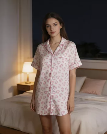 All-over Print Women’s Satin Pajama Shirt Dress