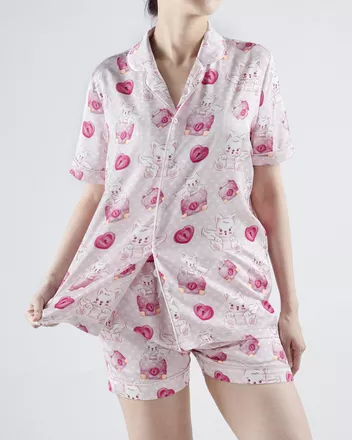 All-over Print Satin Short-Sleeve Pajamas Set (No Pocket)