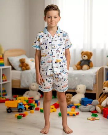 All-over Print Kid and Youth Satin Short-Sleeve Pajamas Set (No Pocket)