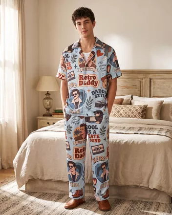 All-over Print Men's Satin Short-Sleeve Pajamas Set with Long Pants (No Pocket)
