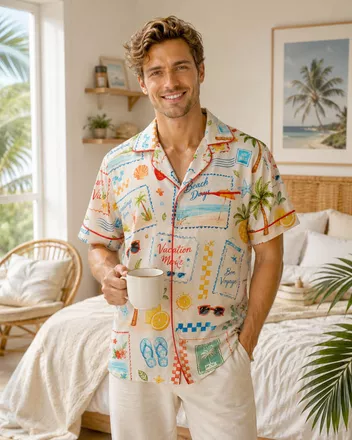 All-over Print Men's Satin Short-Sleeve Pajama Shirt